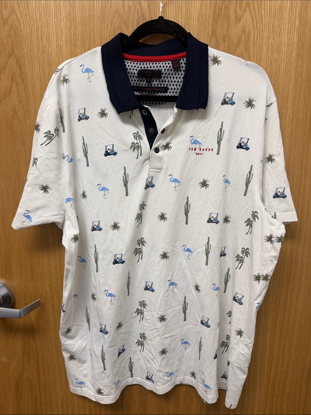 Ted Baker White Polo with Navy Collar and Blue Flamingo Print Size XXL
